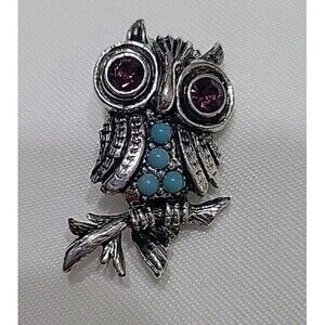 Silver Toned Owl Brooch Turquoise Purple Rhinestones